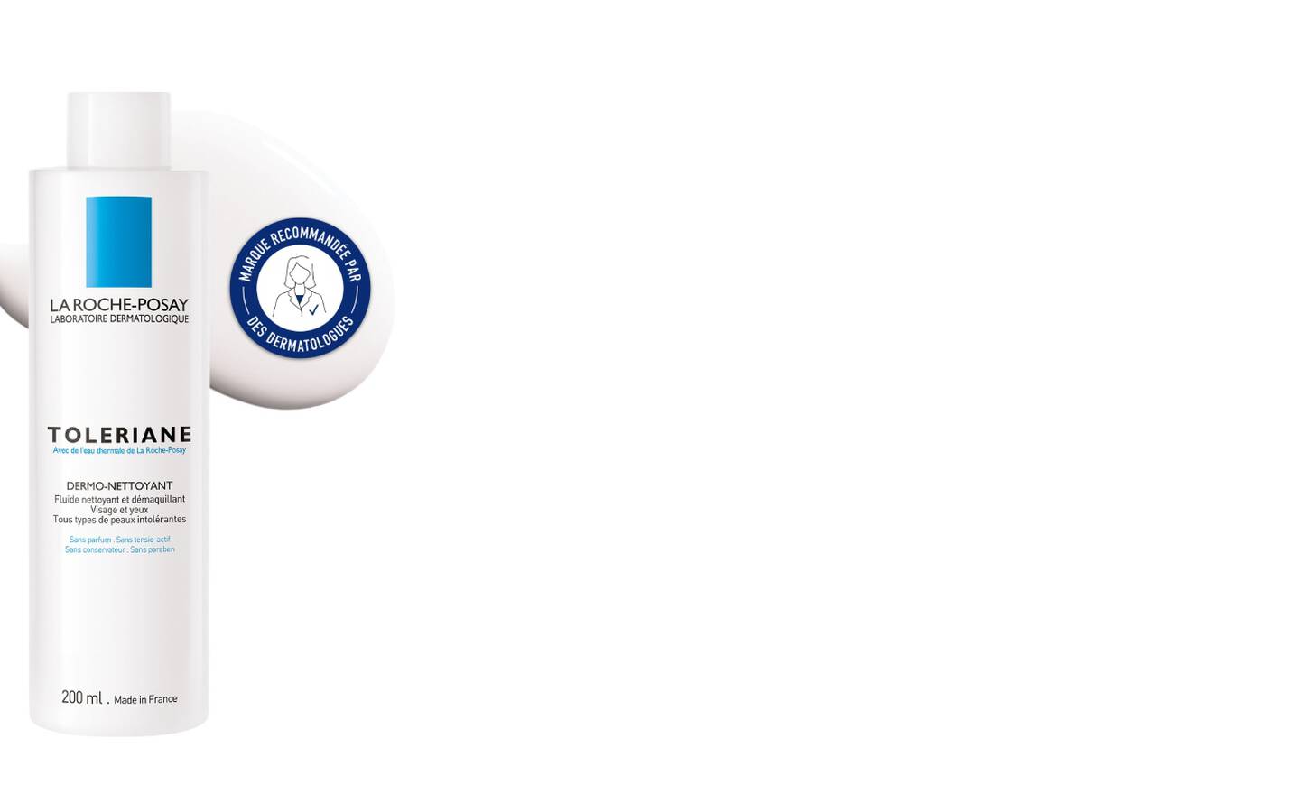 Flacon de baume a levres La Roche-Posay, blanc avec un distributeur et etiquettes bleues et blanches.