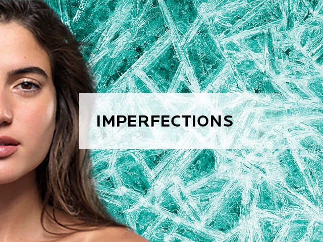 Une femme avec un regard pensif a cote du mot « IMPERFECTIONS », sur un fond de motifs glaces.
