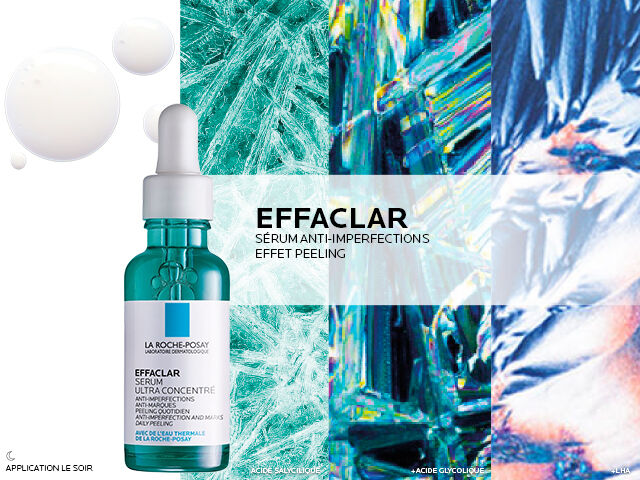 Serum anti-imperfections Effaclar de La Roche-Posay, avec des elements visuels de soin de la peau et un fond colore.
