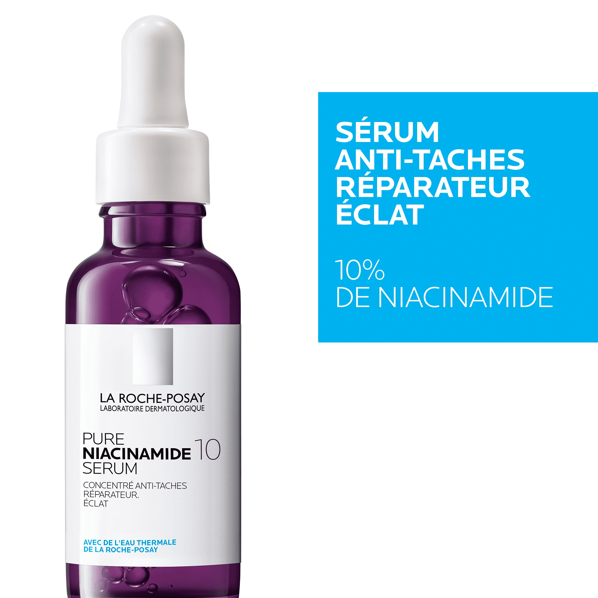 Flacon de serum anti-taches a la niacinamide 10% de La Roche-Posay, avec un design moderne et epure.