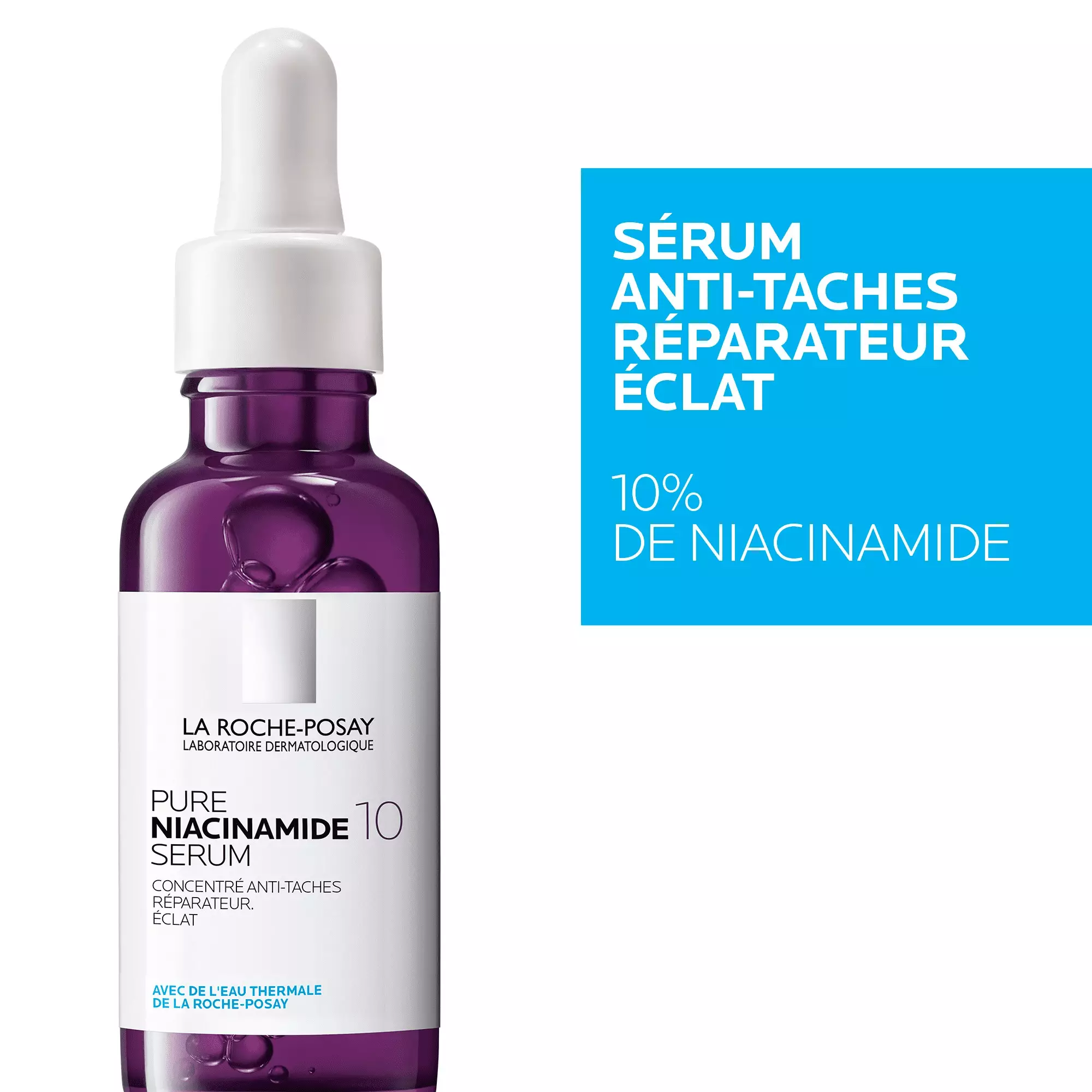 Flacon de serum anti-taches a la niacinamide 10% de La Roche-Posay, avec un design moderne et epure.