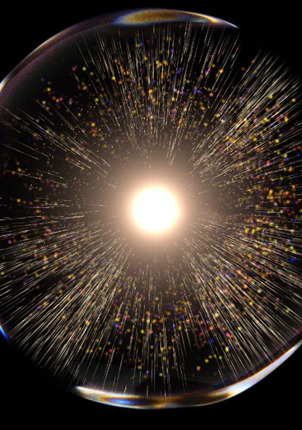 Un eclat lumineux au centre avec des faisceaux radiaux colores qui s'etendent vers l'exterieur sur un fond sombre.