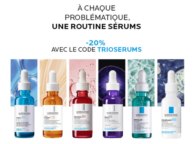 Image presentant une gamme de serums de La Roche-Posay, avec des flacons de differentes couleurs et textures, accompagnee du texte promotionnel mentionnant une reduction de 20 % avec le code TRIOSERUMS.