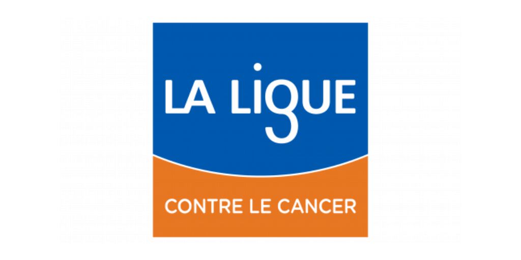 Logo de « La Ligue contre le cancer » avec texte blanc sur fonds bleu et orange.