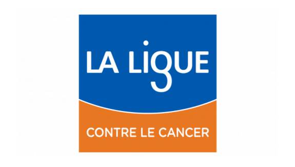 Logo de « La Ligue contre le cancer » avec texte blanc sur fonds bleu et orange.
