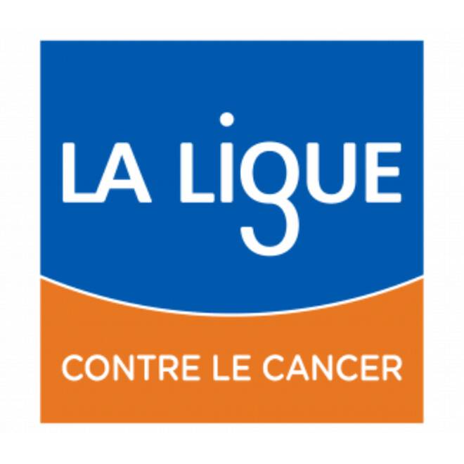 Logo de « La Ligue contre le cancer » avec texte blanc sur fonds bleu et orange.