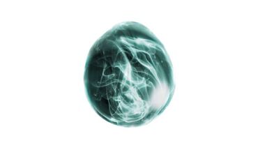 A semi-transparent, abstract blue blob with smooth, rounded surfaces, resembling a cluster of bubbles.