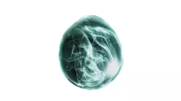 A semi-transparent, abstract blue blob with smooth, rounded surfaces, resembling a cluster of bubbles.