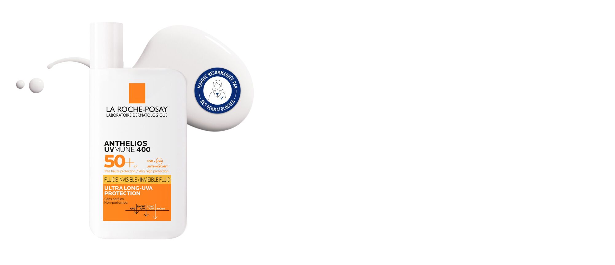 Flacon de baume a levres La Roche-Posay, blanc avec un distributeur et etiquettes bleues et blanches.