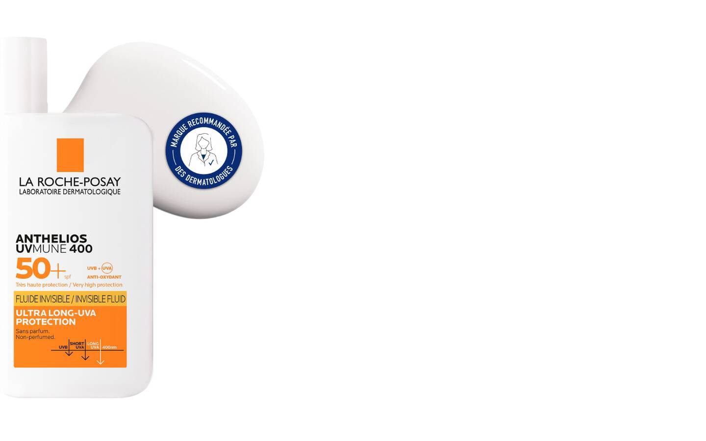 Flacon de baume a levres La Roche-Posay, blanc avec un distributeur et etiquettes bleues et blanches.