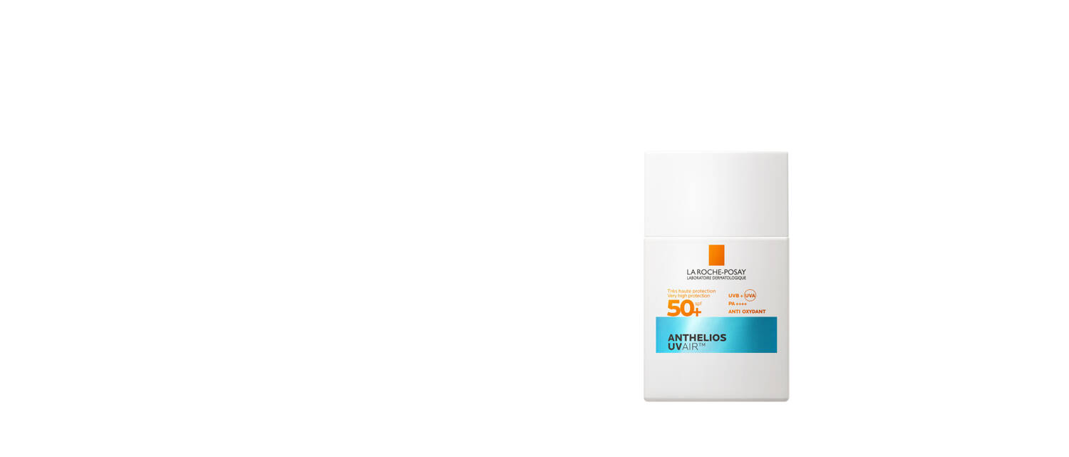 Flacon de creme solaire La Roche-Posay Anthelios UV 50+, avec un design minimaliste sur fond blanc.