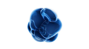 A semi-transparent, abstract blue blob with smooth, rounded surfaces, resembling a cluster of bubbles.