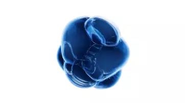 A semi-transparent, abstract blue blob with smooth, rounded surfaces, resembling a cluster of bubbles.