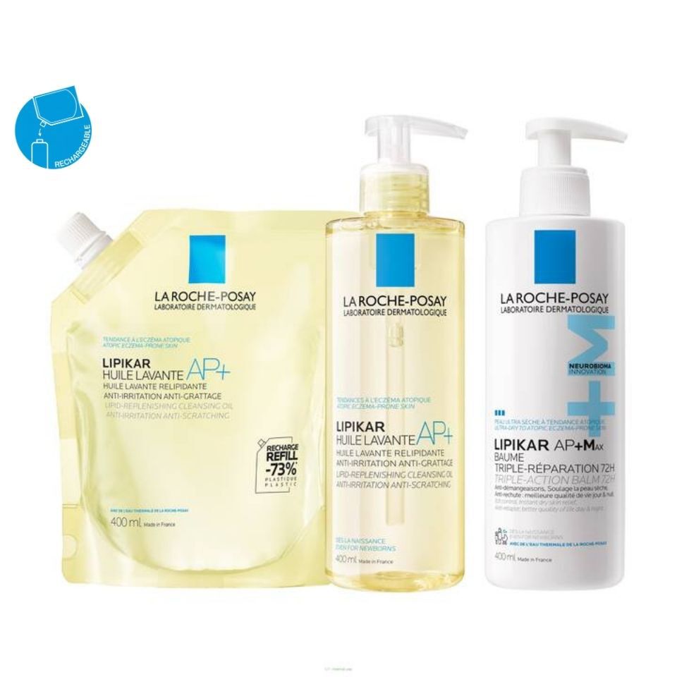 Routine Lipikar Baume AP+Max , Huile de Douche Lavante AP+ et son Eco-recharge