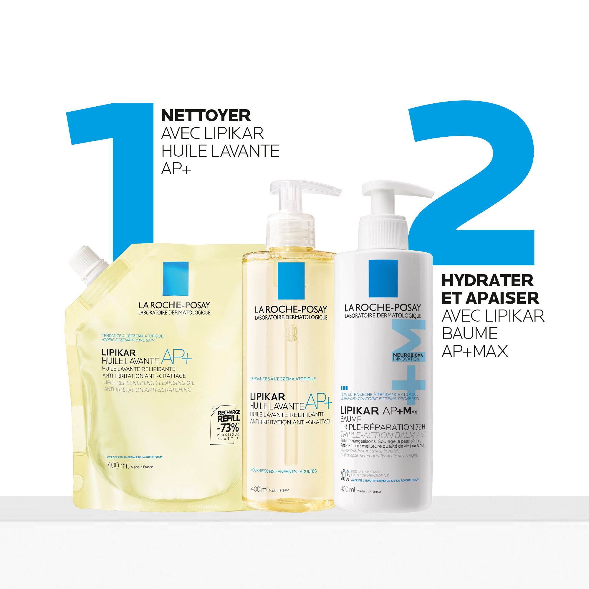 Routine Lipikar Baume AP+Max , Huile de Douche Lavante AP+ et son Eco-recharge