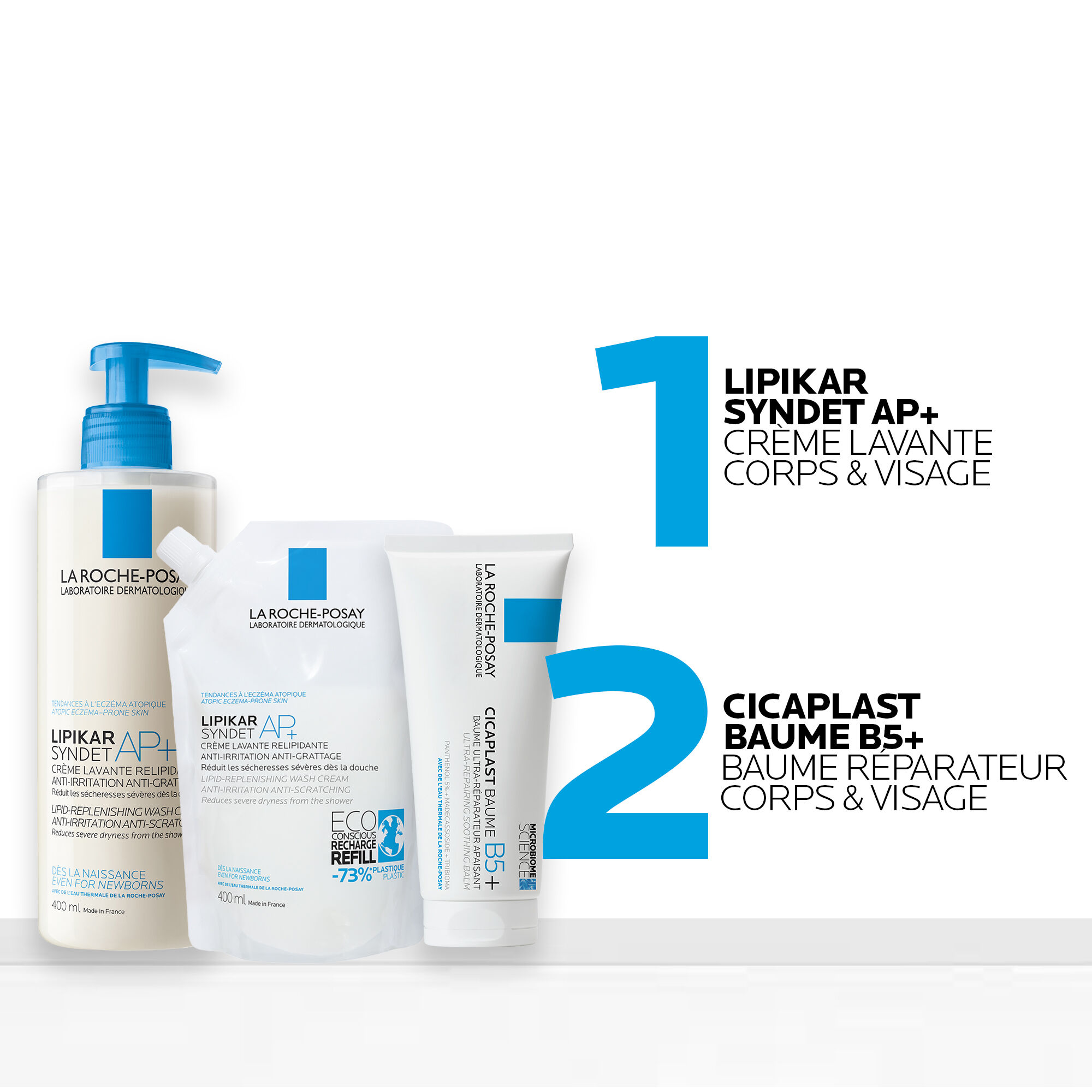 Routine Cicaplast Baume B5+, Lipikar Syndet AP+ et son Eco-recharge​