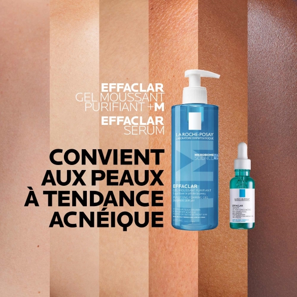 Produits La Roche-Posay pour peaux à tendance acnéique : gel moussant purifiant et sérum Effaclar sur fond de teintes de peau.