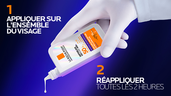 Flacon de crème solaire Anthelios UVmune 400 de La Roche-Posay, testée sur toutes les carnations, avec protection 50+.