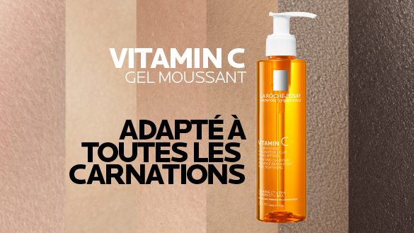 Gel moussant Vitamin C de La Roche-Posay, adapté à toutes les carnations, sur fond de nuances de peau.