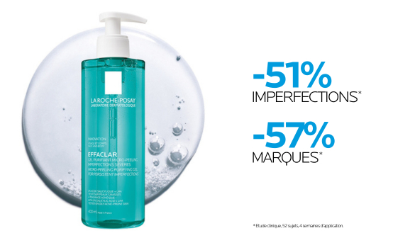 Quatre produits de soins de la peau de La Roche-Posay, dont un nettoyant et un sérum, sur fond blanc.